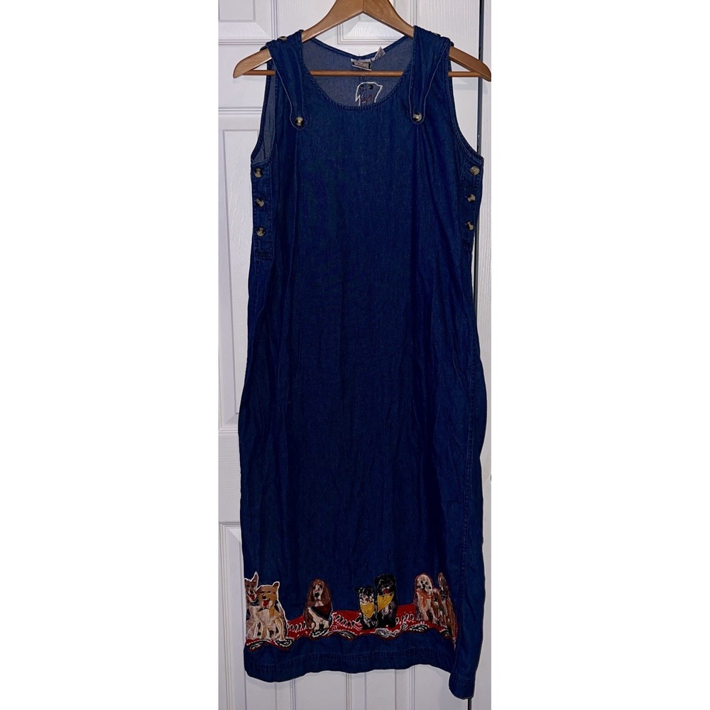 VTG Y2K 90s Jean‎ Denim Pinafore Dress Dog Embroidered Medium Takes Two READ
